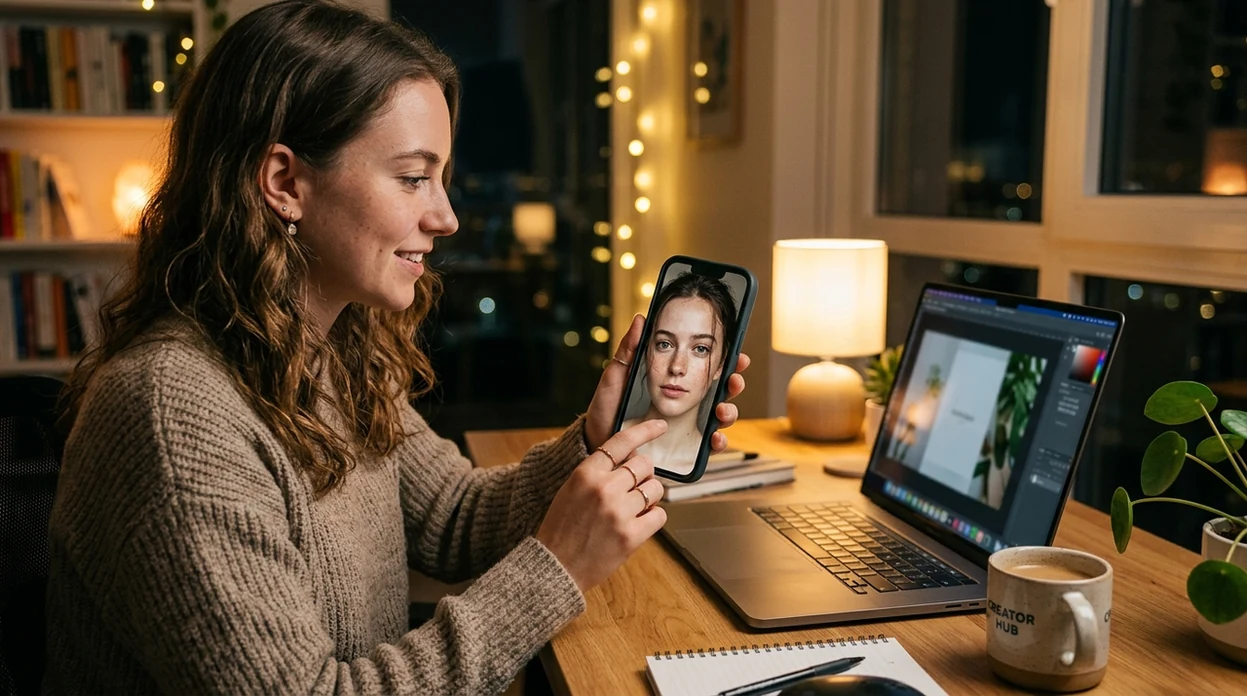 Corrected AI portrait result shown in a creator editing setup