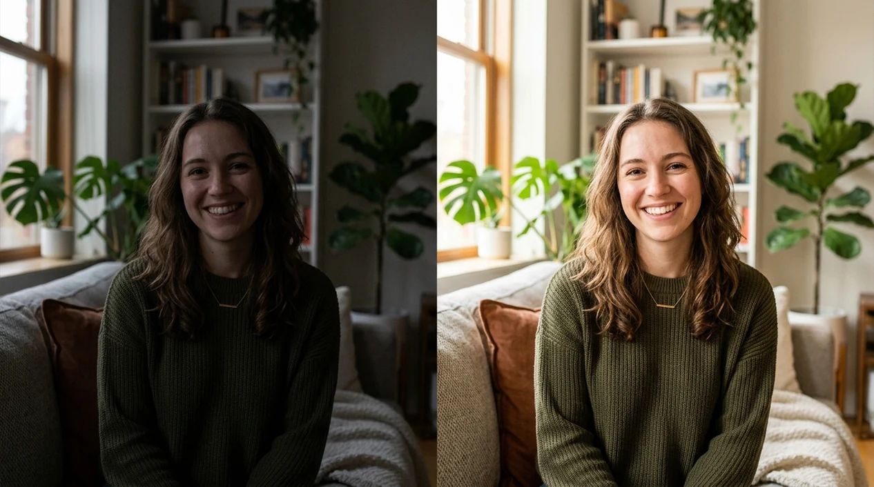 dark indoor portrait corrected with balanced exposure and natural skin