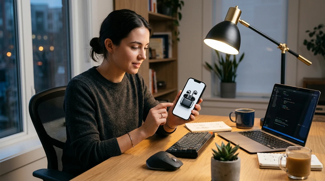 enhanced AI product render reviewed on iPhone in a creator workspace