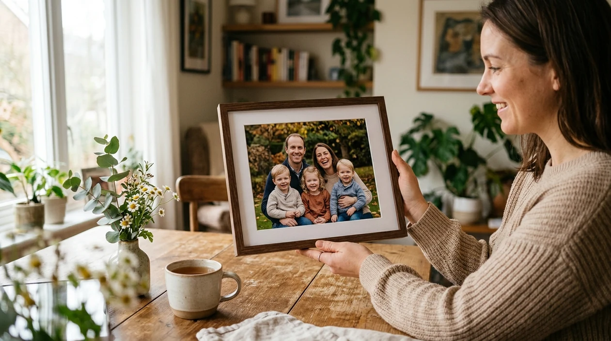 clear restored family portrait face held in soft window light
