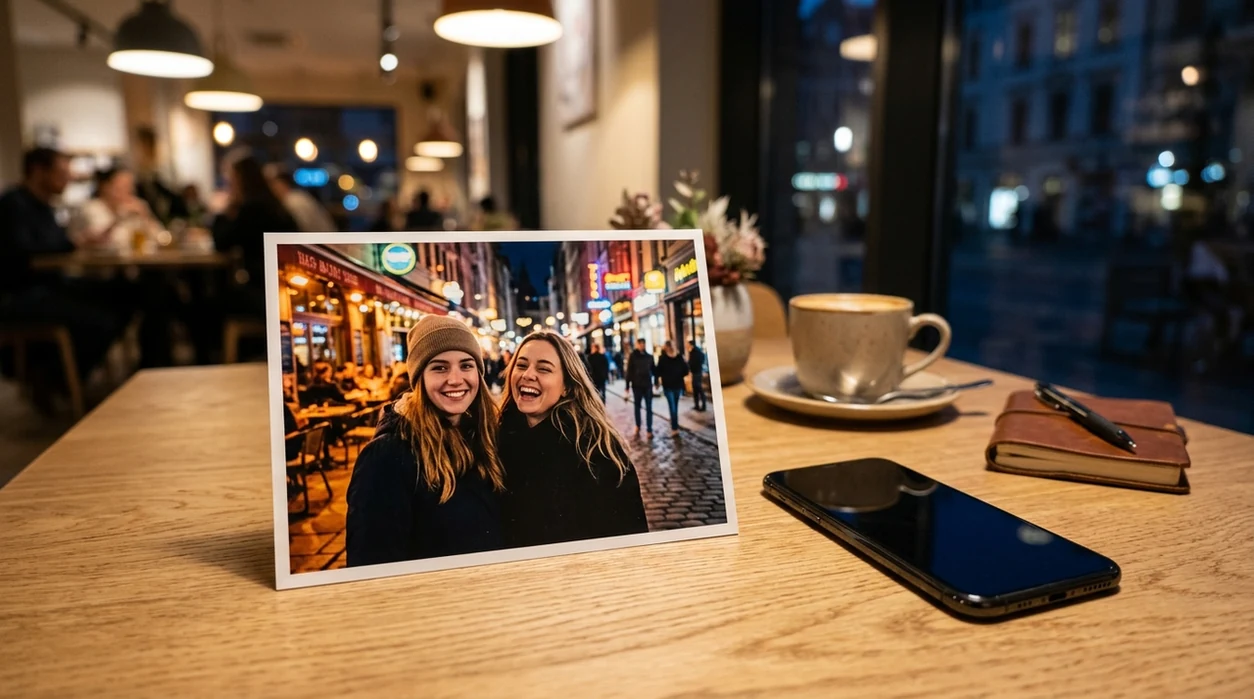 Brightened night travel photo with clearer faces and background detail