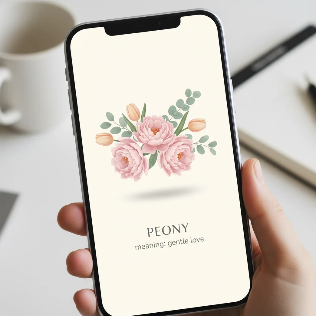 Before and after: a portrait turned into a flower language card with an AI bouquet overlay and meaning text