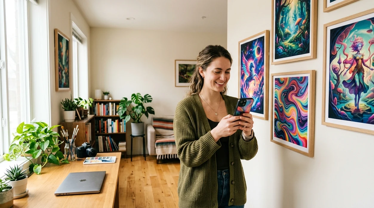 creator reviewing mobile AI art displayed as colorful wall posters
