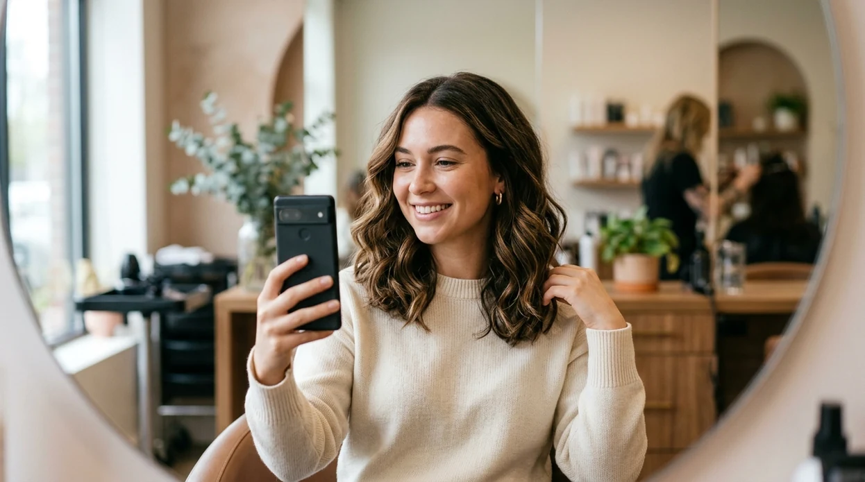 realistic shoulder-length haircut preview in a modern salon setting