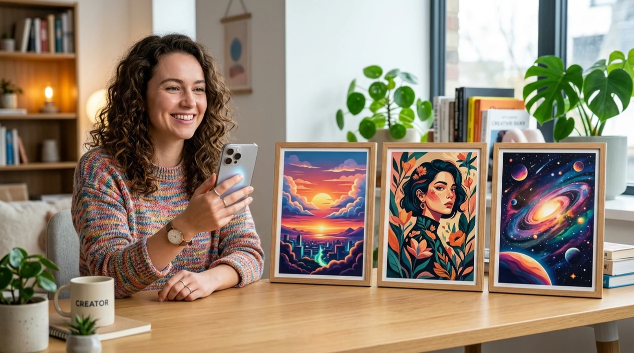 creator reviewing AI generated social images on an iPhone workspace