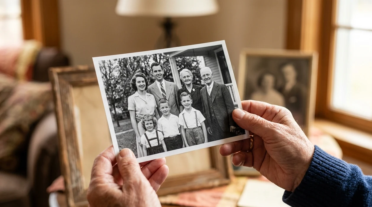 upscaled old family photo with clearer faces and texture