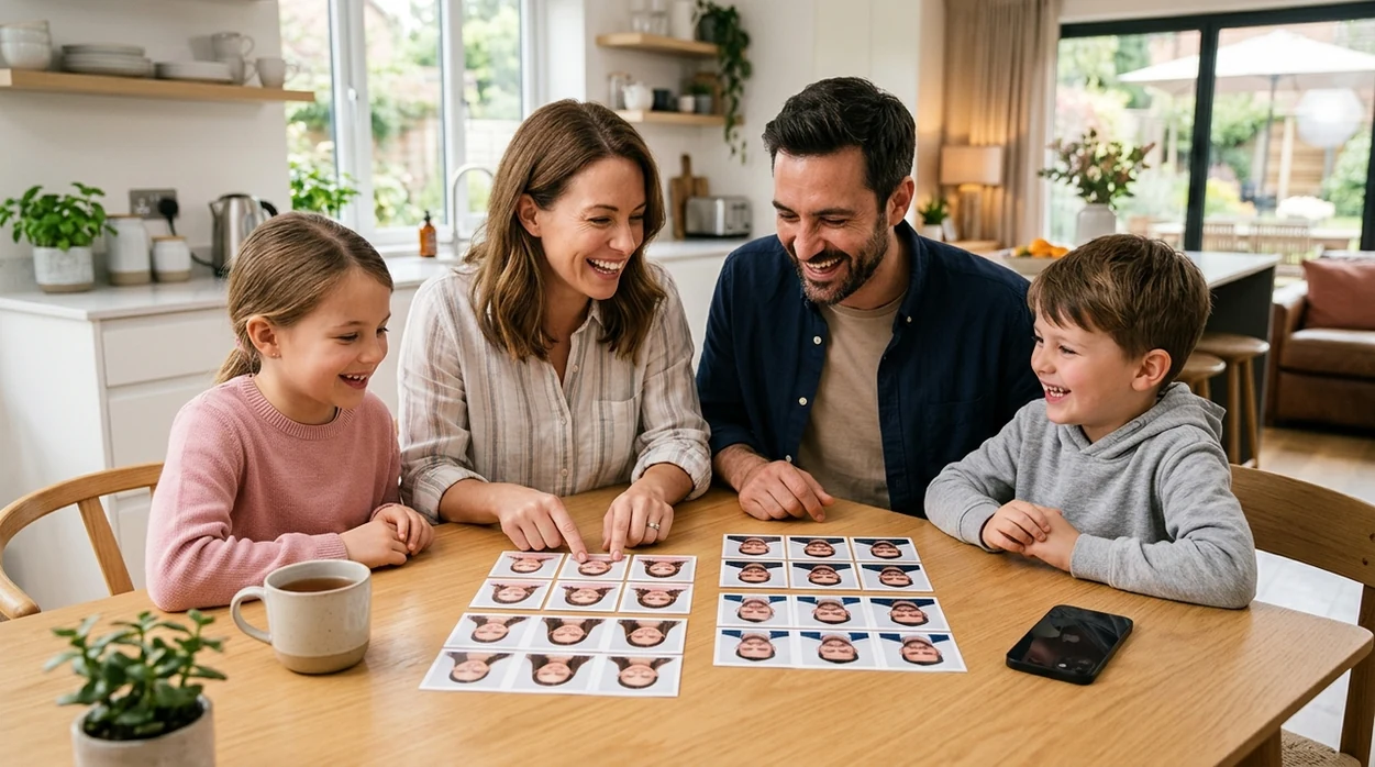 Family reviewing passport-style photo results saved from an iPhone