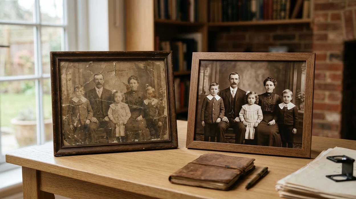 free ai photo restoration showing repaired vintage family portrait outcome