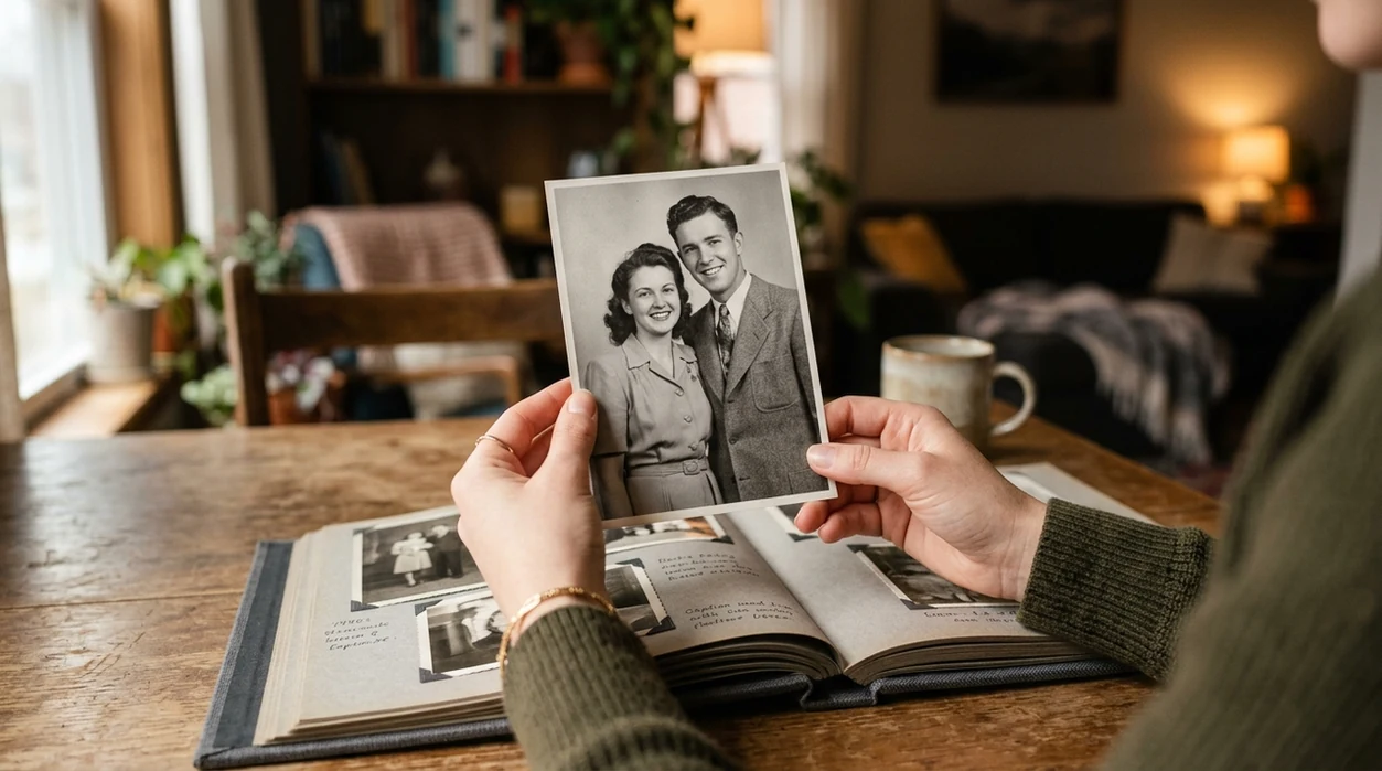 restored family photo held beside album after AI repair