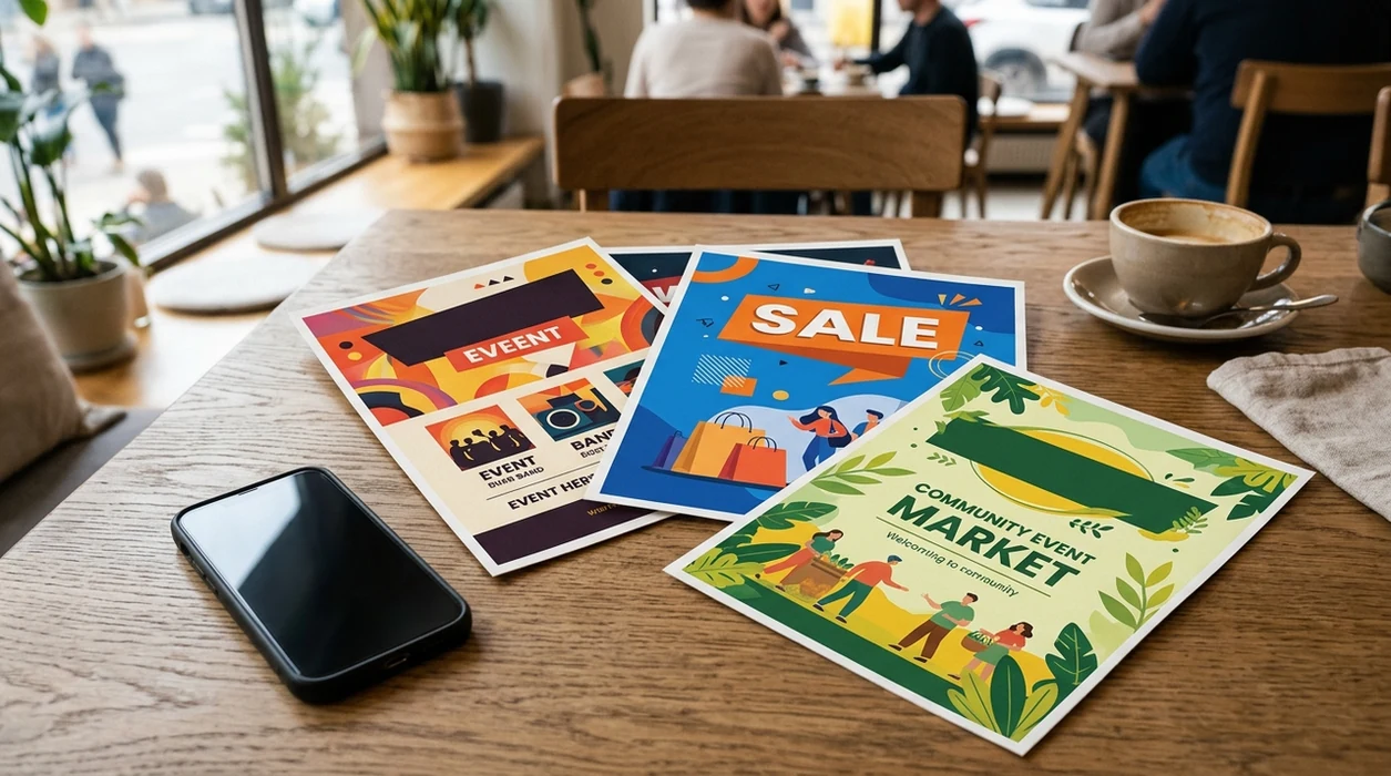 Finished AI poster examples arranged on a cafe table