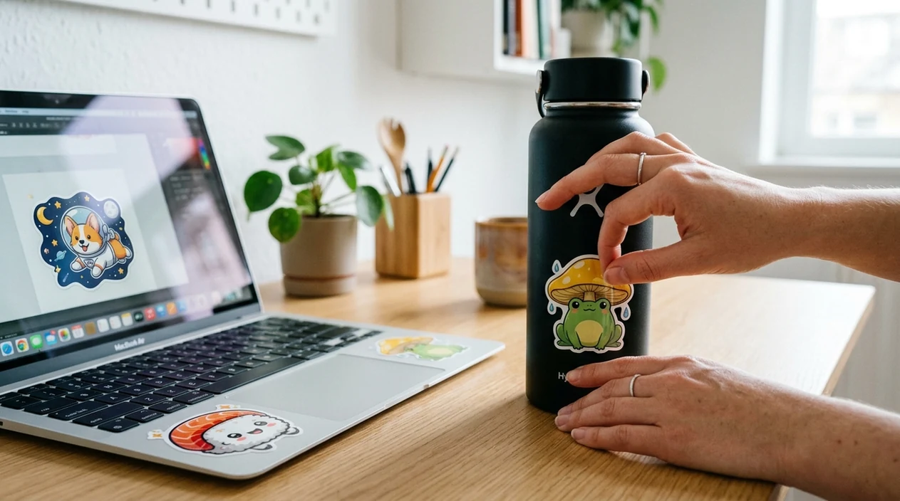 custom AI sticker results placed on a laptop and water bottle
