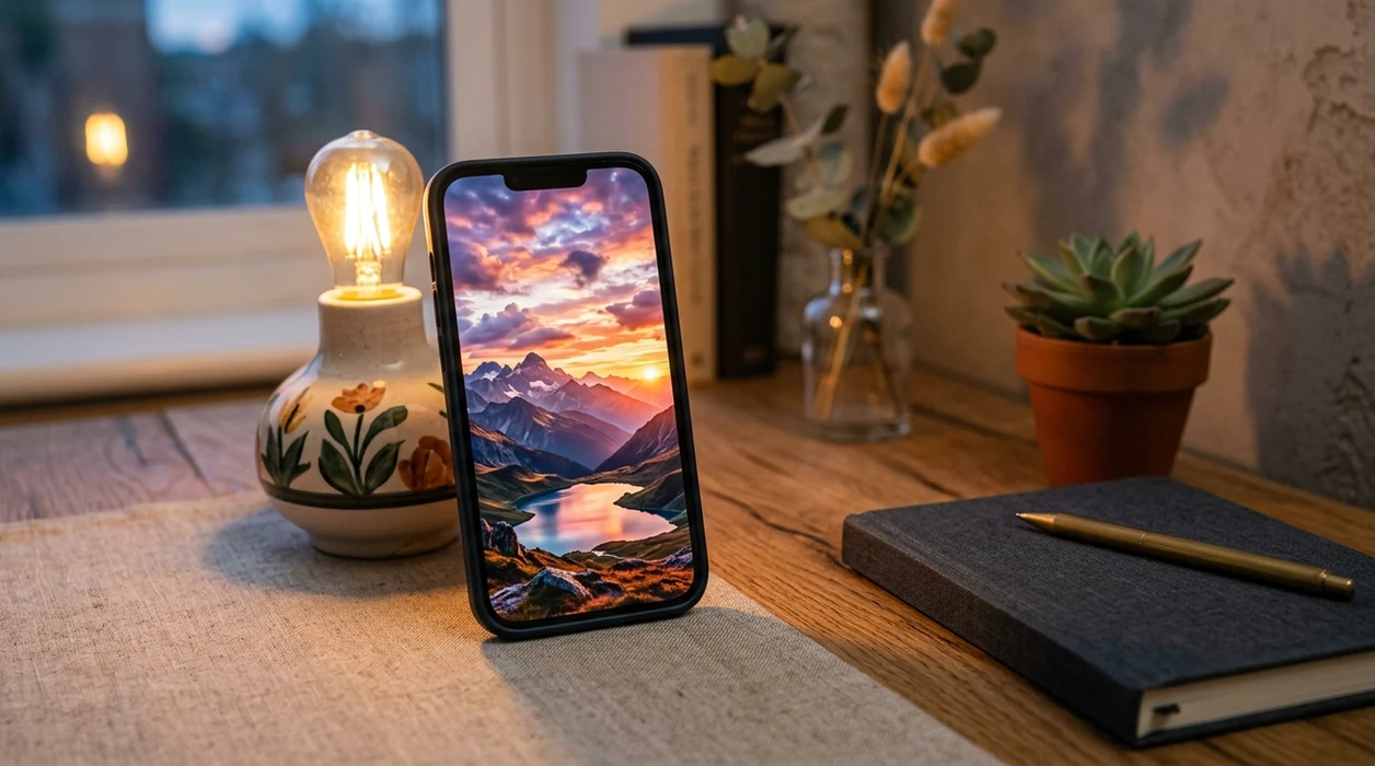 AI mountain sunset wallpaper displayed on an iPhone desk setup