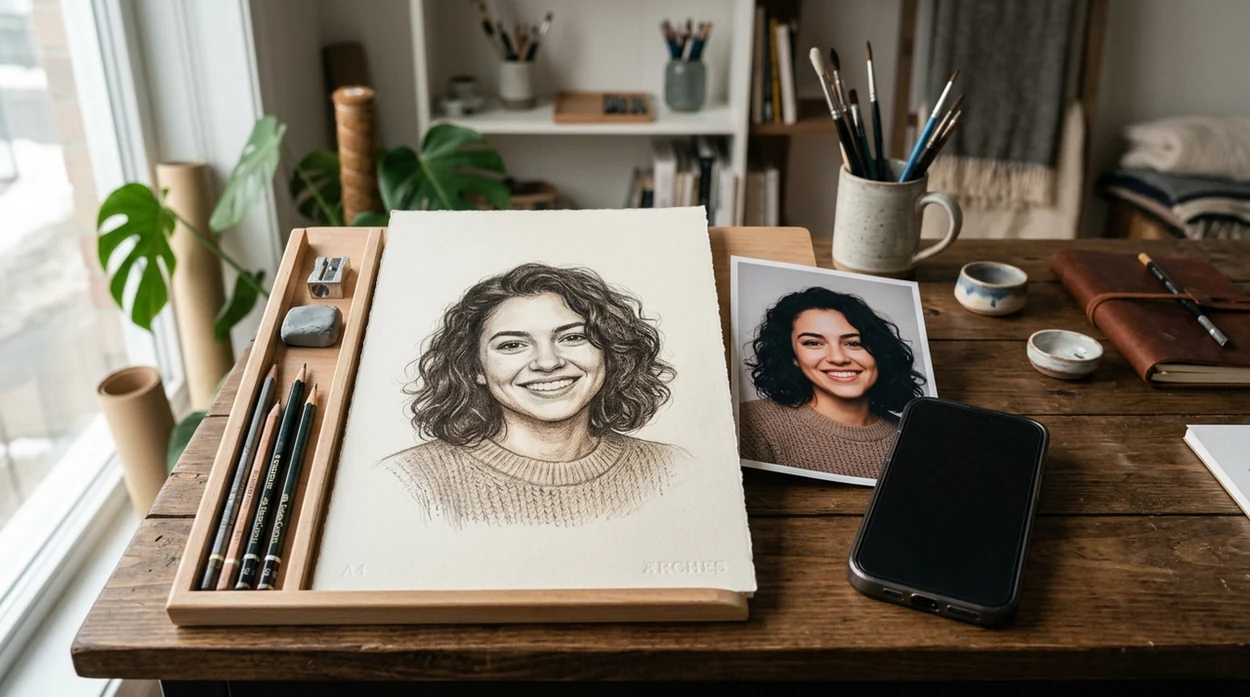 free photo to sketch pencil portrait result beside original photo