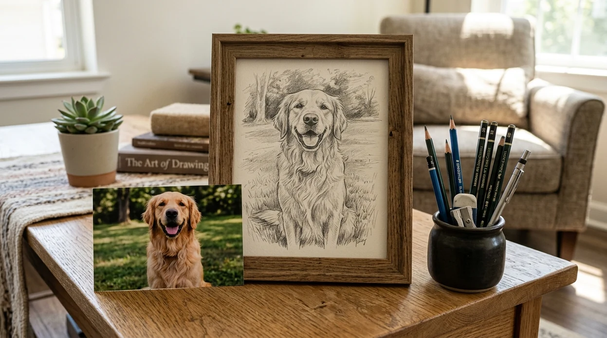 pet photo converted into a framed pencil sketch result