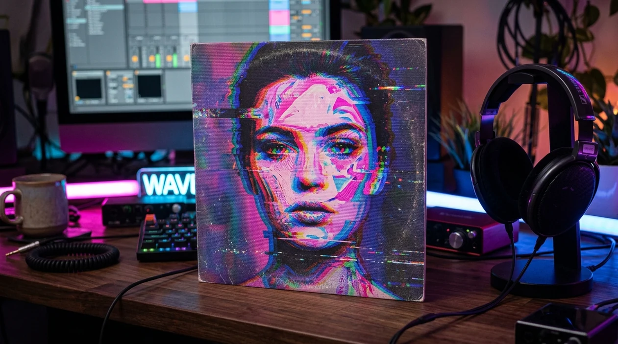vaporwave glitch artwork shown as album cover concept on creator desk