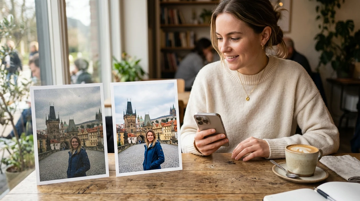 before and after photo enhancement showing cleaner travel image detail