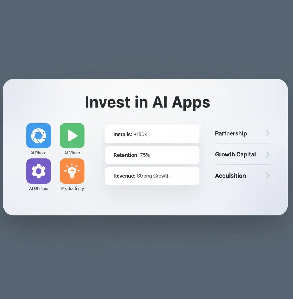 Dashboard-style illustration showing a portfolio of AI apps, growth metrics, and partnership options
