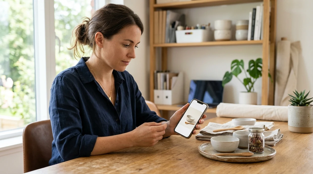 Small business owner reviewing AI edited product photos on iPhone