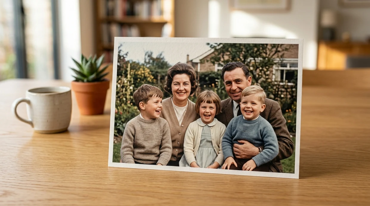 Upscaled old family photo with clearer facial detail and natural texture