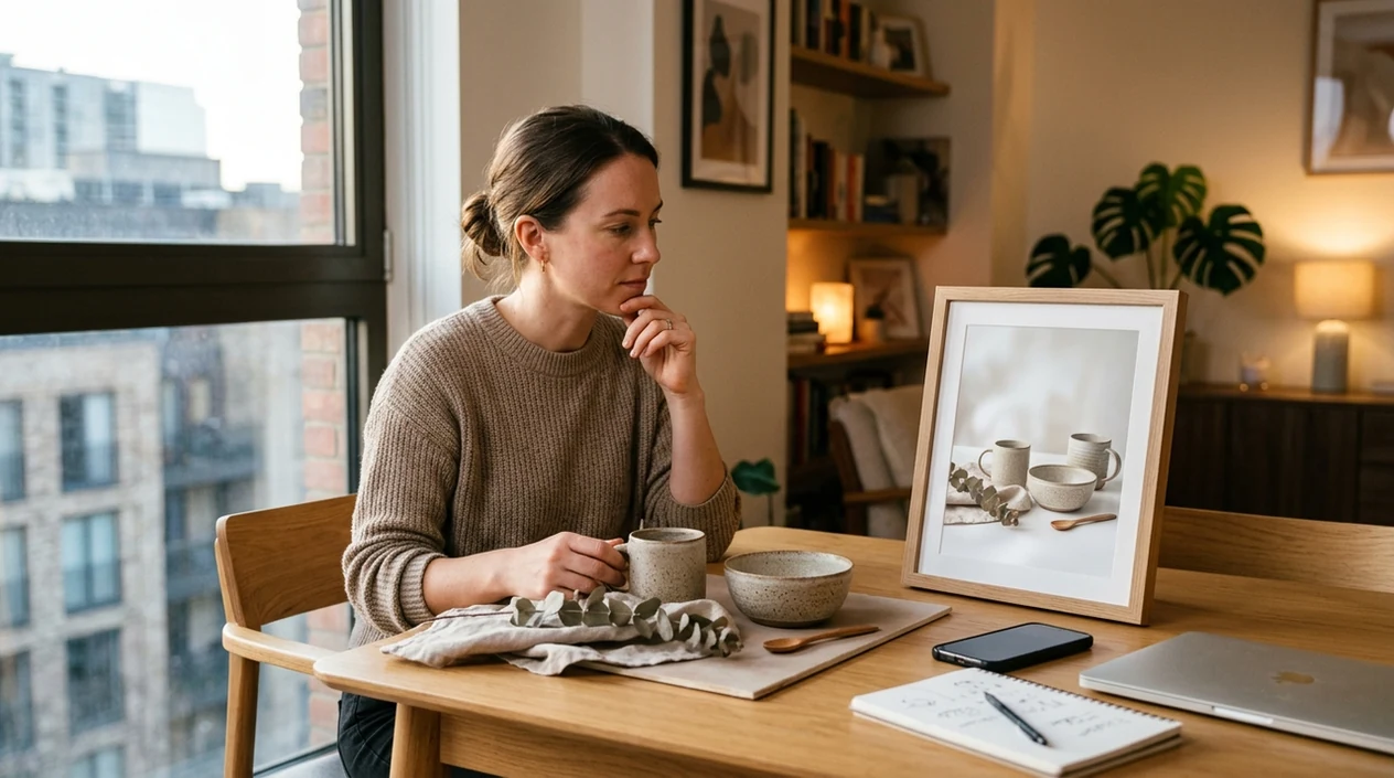 Creator reviews a clean AI-edited product photo before sharing