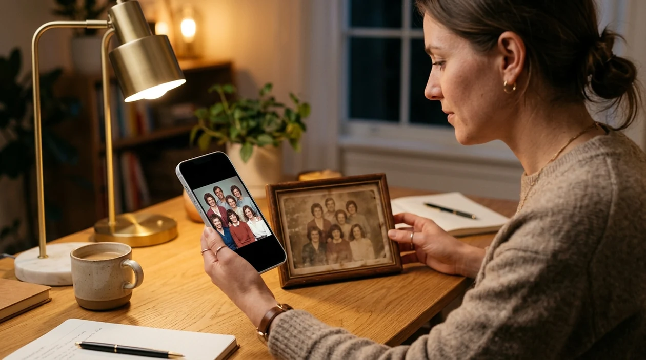 Restored family photo result reviewed on iPhone beside original print