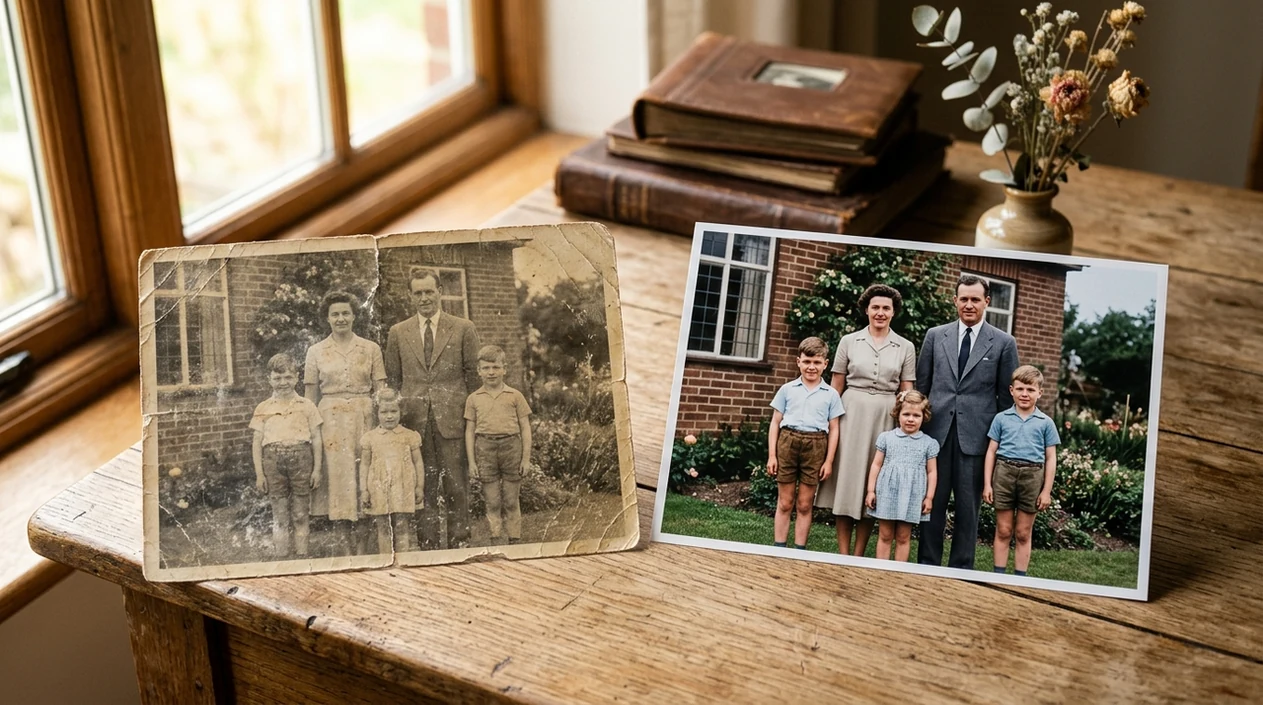is ai photo restoration good result showing repaired vintage family portrait