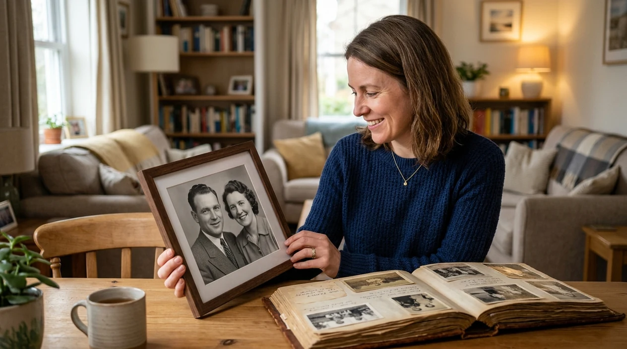 Restored old wedding photo held beside a family album