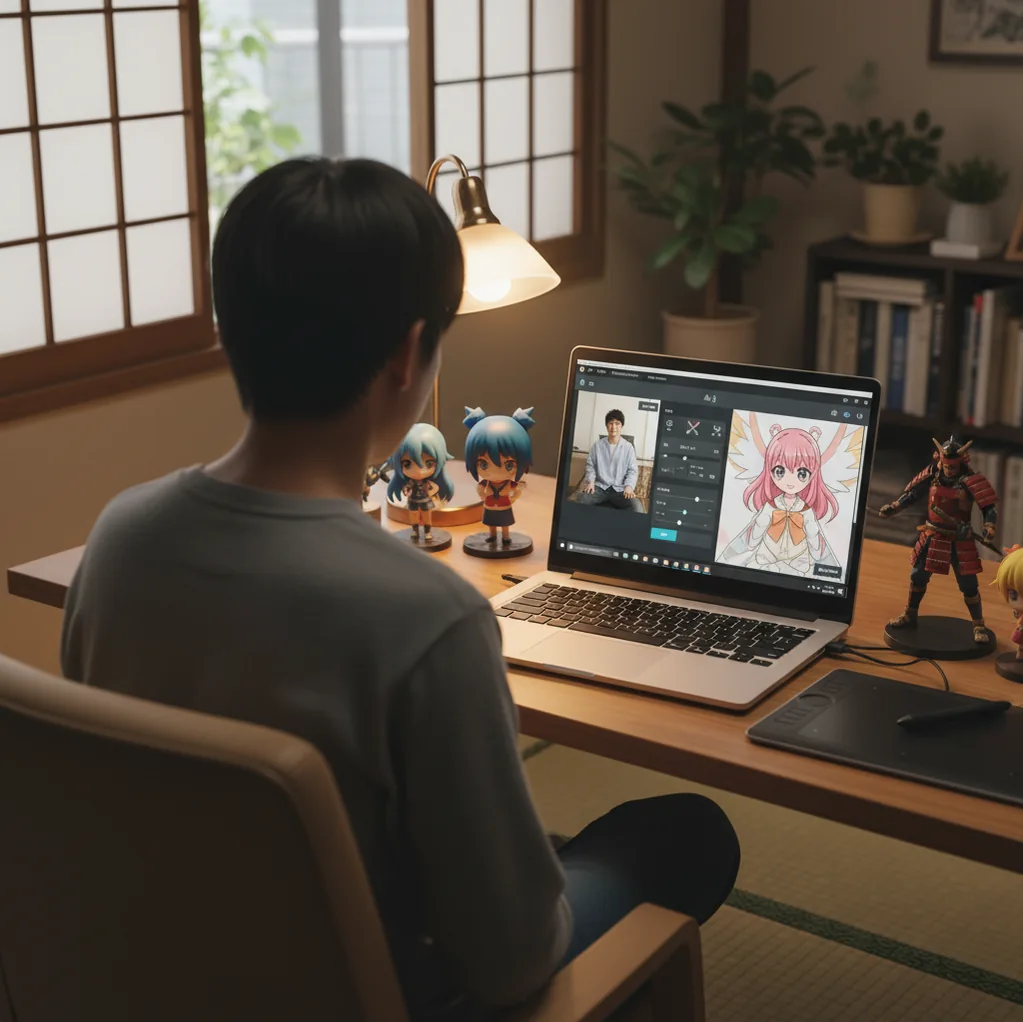 ノートPCでアニメ化AIを操作する様子