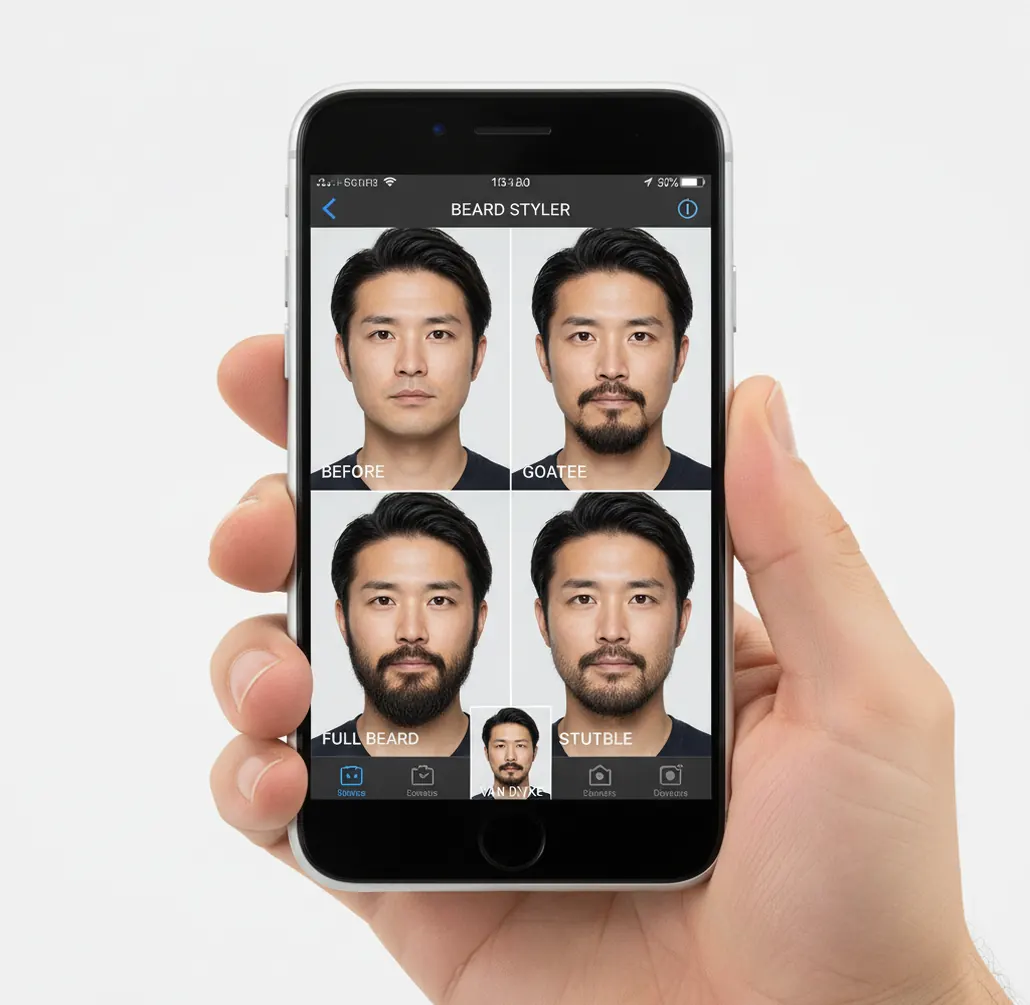 スマホで髭スタイルを試す男性写真
