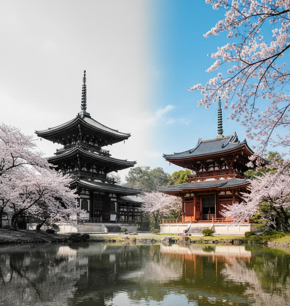 寺院写真のモノクロからカラーへの変換