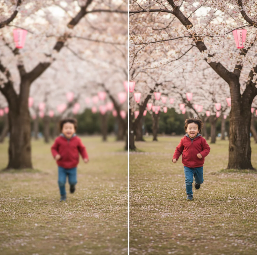公園で走る子どものブレ写真を補正