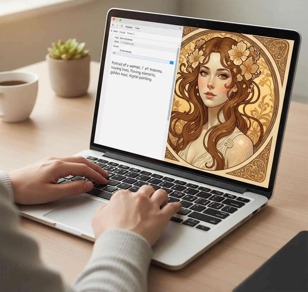 ノートPCでAI美女生成を操作する手元