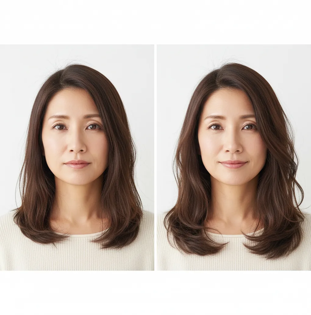 女性の髪を自然にボリューム補正した比較