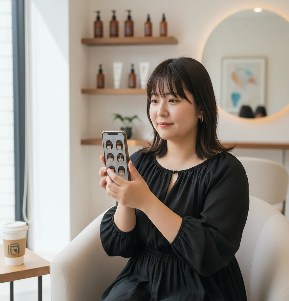 丸顔の女性がショートをAI試着