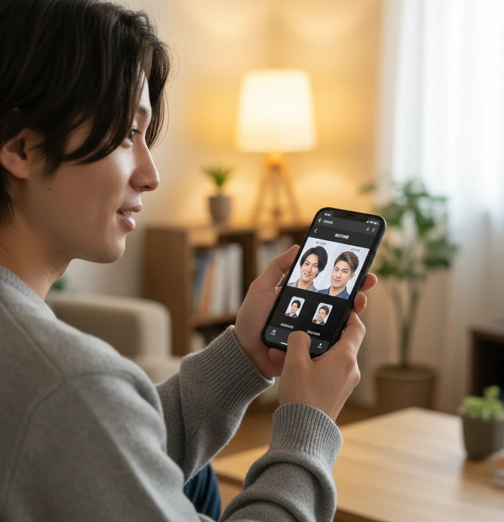 スマホで髪型をAIシミュレーションする男性