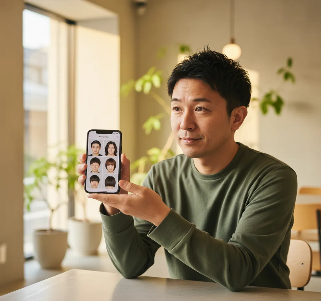 スマホで髪型を試着する男性の画面