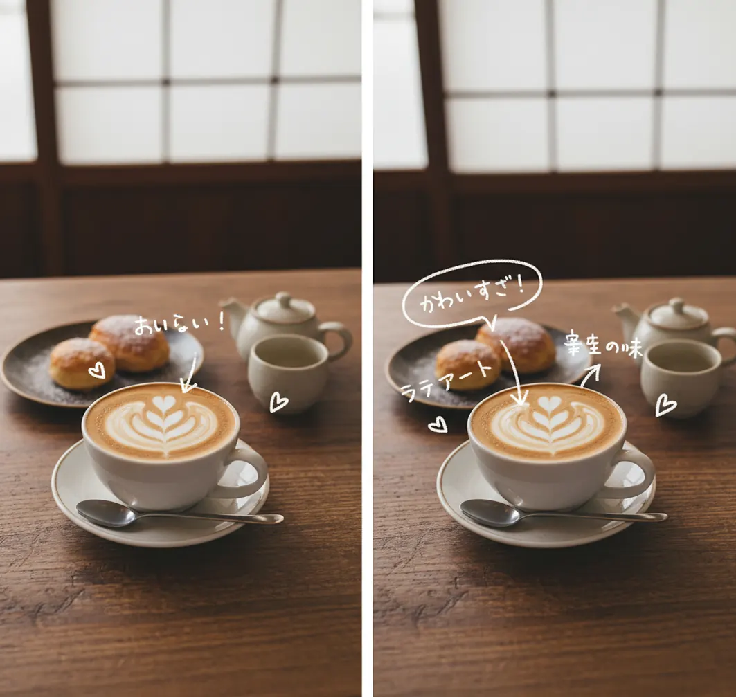 カフェ写真に白ペン風手書き線を追加