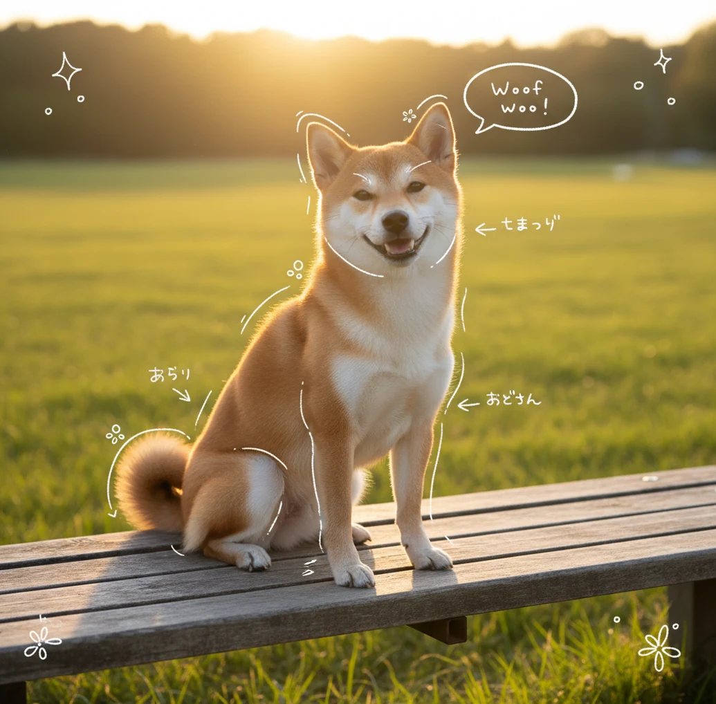 柴犬写真に白い線の落書きデコを重ねた例