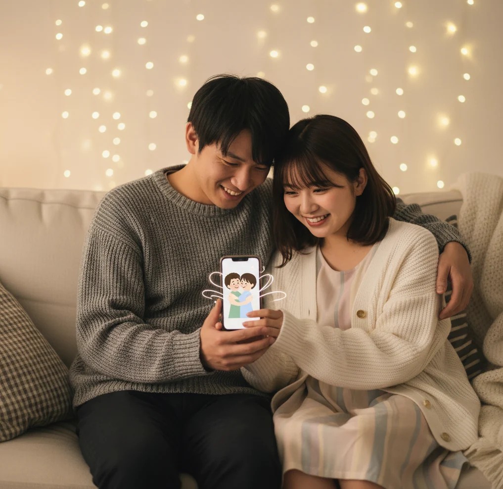 スマホでAIハグ動画を作る男女