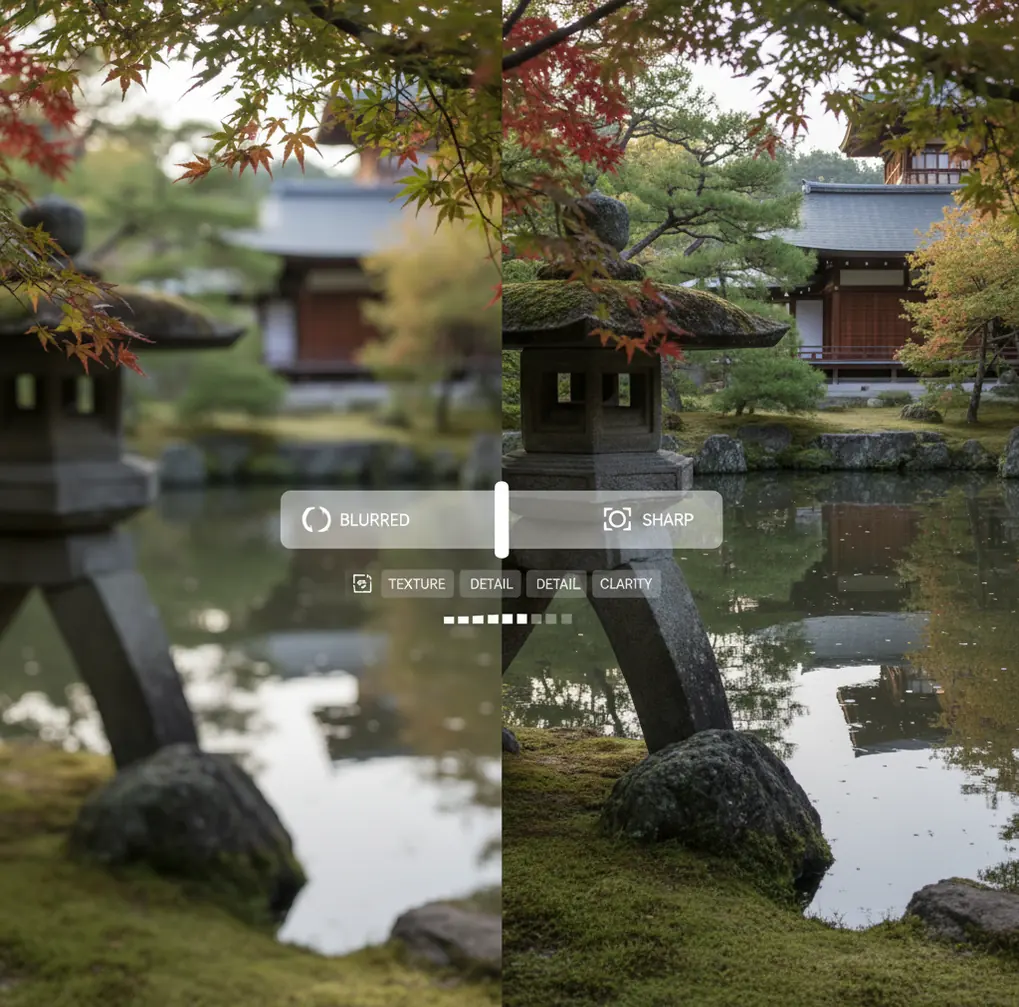 寺院の庭の写真をAIで鮮明化する比較
