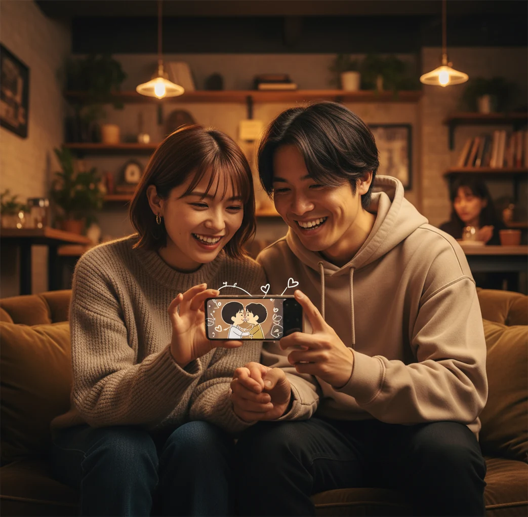 スマホでAIキス動画を確認する様子