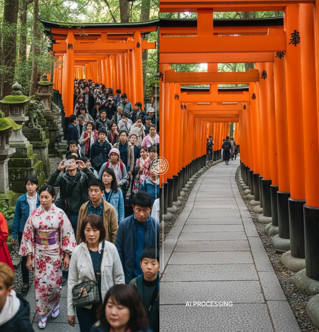 神社の参道から通行人を消した比較