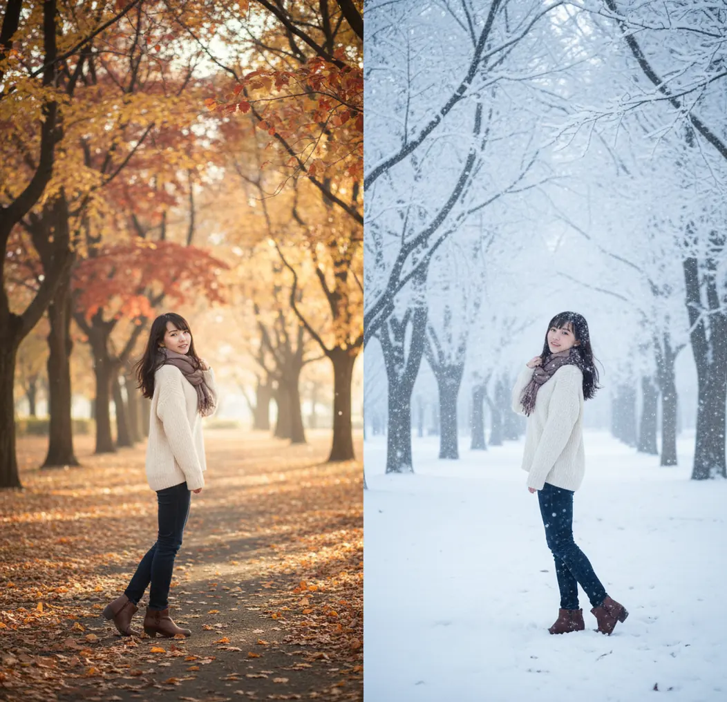 人物写真に粉雪を合成した比較画像