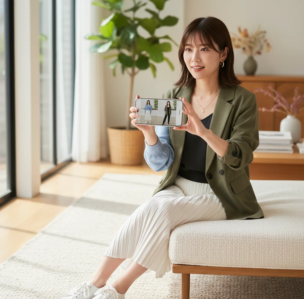 スマホで服の着せ替え比較をする様子