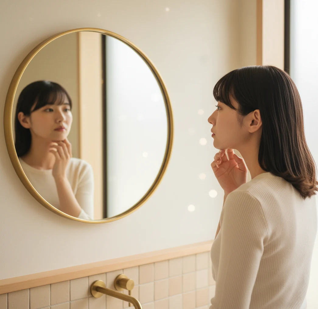 鏡であごのラインを確認する人物