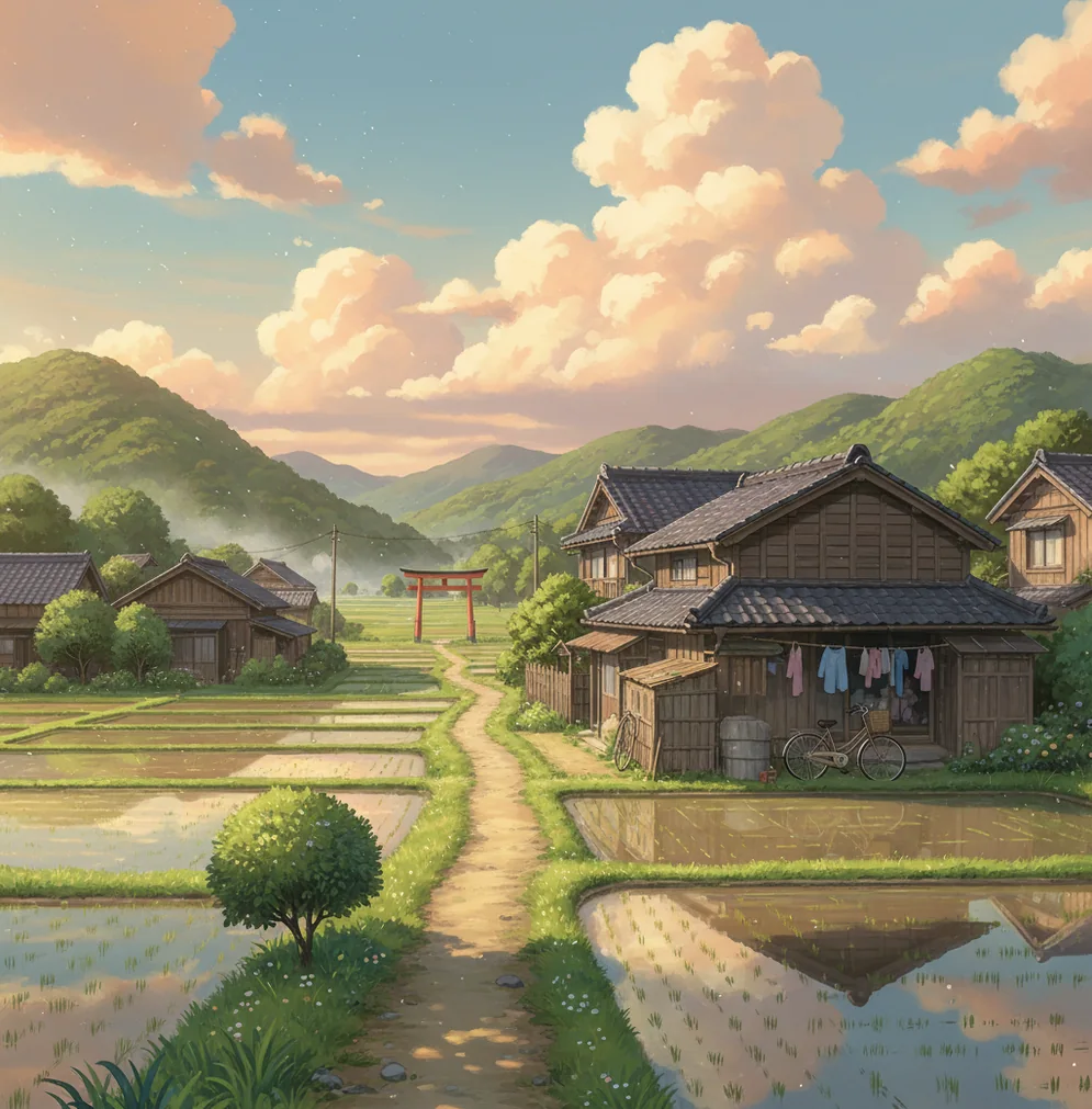 日本の田舎町を手描きアニメ風に生成