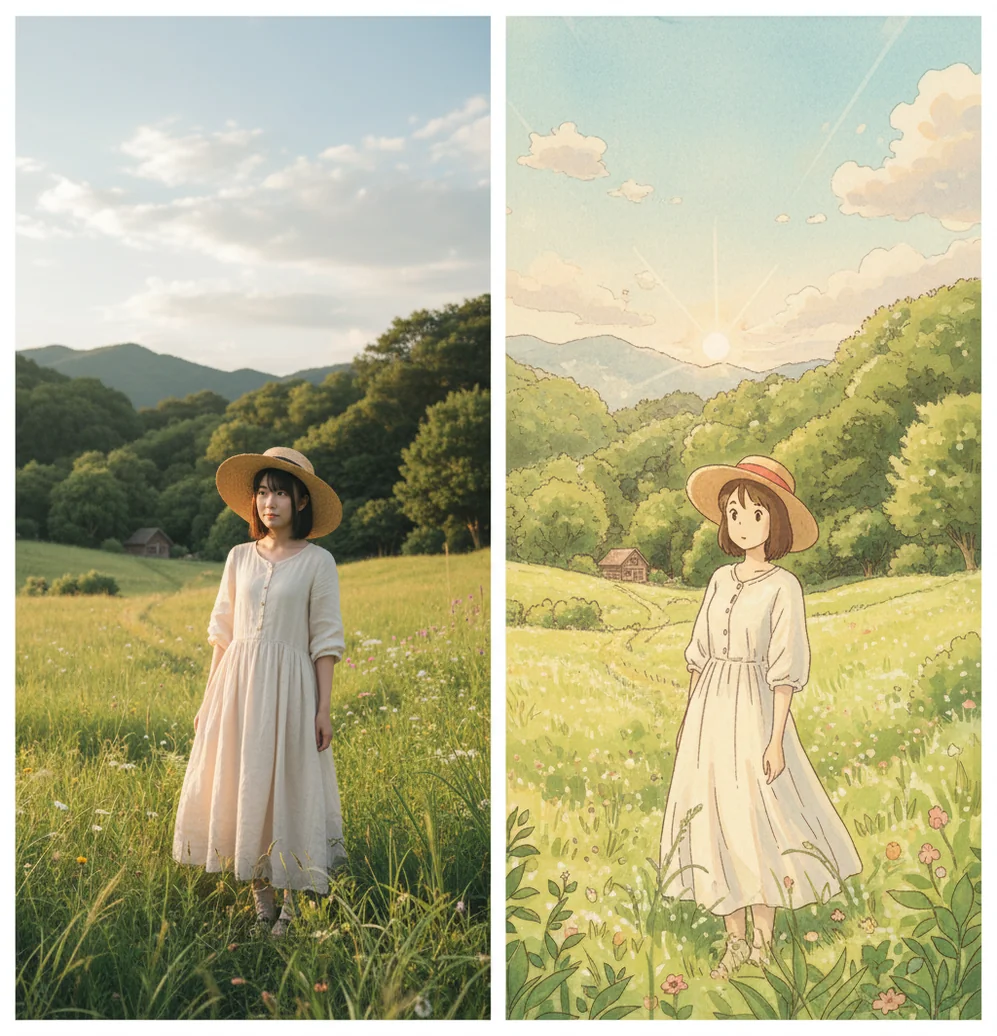 写真とジブリ風変換の比較イメージ