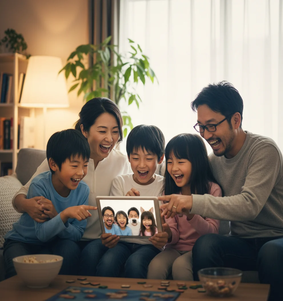 タブレットで顔交換写真を見る家族