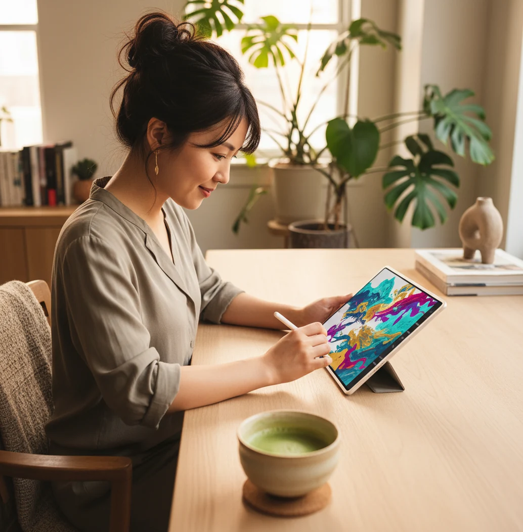 タブレットでAIアートを生成する人物