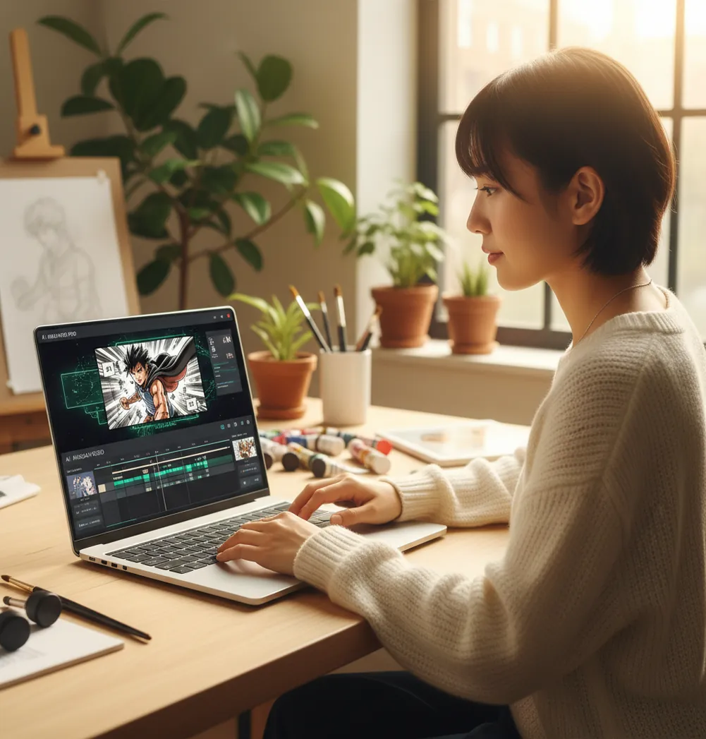 デスクでAI動画生成を試す制作者